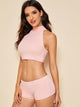 Solid High Neck Top With Short 2piece Swim