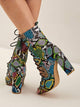 Snakeskin Print Lace-up Front Chunky Heels