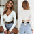 Summer Women Slim T-shirt Black White Khaki Long Sleeve T shirt Cross V-neck Sexy Crop Top