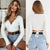 Summer Women Slim T-shirt Black White Khaki Long Sleeve T shirt Cross V-neck Sexy Crop Top