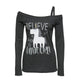 2019 Autumn Long Sleeve Unicorn Print T Shirt Women One Shoulder Harajuku Casual Letter Printed Loose Cotton Tops t-shirt
