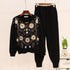 2019 New Fall Winter Women's Gray Knit Clothes Outfit Beaded Sequins Flowers Sweater+loose Casual Pants Set Woman 2 Piece Sets