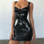 2019 Sexy Backless Club Party Short Dress Solid Black Wet Look Latex Bodycon Faux Leather Push Up Bra Mini Micro Dress Leotard