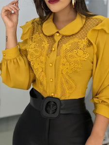 2019 Summer Elegant Women Fashion Yellow Leisure Stylish Patchwork Casual Shirt Peter Pan Collar Mesh Lace Insert Blouse