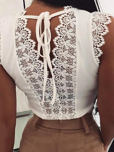 2019 Summer Women Elegant Basic Shirt Female O-neck Sexy Workwear Blouse Women Fashion Sleeveless Lace Stitching Top