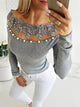 2019 Women Fashion Elegant Floral Applique Casual Girls Gray Shirt Off Shoulder Patchwork Lace Bead Embellished Blouse