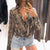 2019 Women Fashion Elegant Vacation Holiday Casual Shirt Female Party V-Neck Snakeskin Print Casual Wrap Blouse