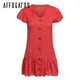 Affogatoo Casual v-neck summer cotton linen dress women Ruffle buttons loose mini dress Holiday beach shift dresses ladies 2019