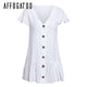 Affogatoo Casual v-neck summer cotton linen dress women Ruffle buttons loose mini dress Holiday beach shift dresses ladies 2019