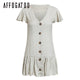 Affogatoo Casual v-neck summer cotton linen dress women Ruffle buttons loose mini dress Holiday beach shift dresses ladies 2019