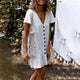 Affogatoo Casual v-neck summer cotton linen dress women Ruffle buttons loose mini dress Holiday beach shift dresses ladies 2019