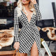 Bikitique Houndstooth Brief Slim Dress Women Sexy Deep V-neck Autumn Hip Elegant vestidos Split Plaid Party Women Mini Dresses