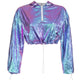Bling Laser Holographic Hooded Jacket Casual Hoodies Tops Fashion Women Long Sleeve Elastic Drawstring Sweatshirt Workout Tops