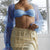 Blue Mesh See Through T Shirts Long Flare Sleeve Bandage Crop Top With Bra Outside 2019 Summer Breathable tshirt Lady Streetwear