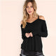 COLROVIE Black Waffle Knit Cold Shoulder T-shirt Women V neck Casual Solid Tees 2019 Summer Streetwear Stretchy Sexy T-shirts