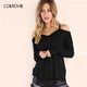 COLROVIE Black Waffle Knit Cold Shoulder T-shirt Women V neck Casual Solid Tees 2019 Summer Streetwear Stretchy Sexy T-shirts