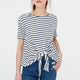 Casual Striped Short Sleeve Lace Up Tops Women O-neck Cotton Loose Black White Tees Summer Ladies Fashion Simple Wild T-shirts