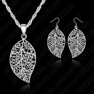 AlphaGal Jewelry Best Genuine 925 Sterling Silver Jewelry Sets leaves Earring Hook And Leaf Pendant Necklaces+18" Singapore Chain