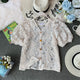 Elegant Floral Embroidery V-neck Women Blouses Shirts Puff-sleeve Front Buttons Lace Female Tops Shirts Casual White Blouses