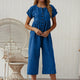Fashion 2019 Summer Womens Casual Solid Color Buttons Wide Leg Jumpsuit Holiday Loose Short Sleeve Crew Neck Playsuit Romper