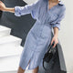 Fashion Striped Midi Dress Women Casual Turn-Down Pockets Slim Shirt Dress Robe Femme Vintage Long Sleeve Simple Dress Vestidos