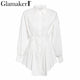 Glamaker Batwing sleeve white mini dress Women office lady pleated blouse shirt dress Autumn high waist slim elegant short dress