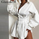 Glamaker Batwing sleeve white mini dress Women office lady pleated blouse shirt dress Autumn high waist slim elegant short dress