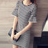 Korean Short Sleeve Tshirt Strip Dress Women Summer Casual Plus Size O-Neck Retro Midi Dresses Elegant A-Line Dress Office Beach