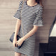 Korean Short Sleeve Tshirt Strip Dress Women Summer Casual Plus Size O-Neck Retro Midi Dresses Elegant A-Line Dress Office Beach