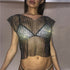 Mesh Hollow Out Tank Tops Women Fishnet See Through Rhinestones Crop Top 2019 Summer Beach Cover Up Sun-Proof Clothing Beachwear