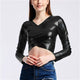 Metallic Color Holographic T Shirts Women Long Sleeve Criss Cross Wet Look Crop Top 2019 Autumn Fashion Streetwear Sexy tshirt