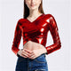 Metallic Color Holographic T Shirts Women Long Sleeve Criss Cross Wet Look Crop Top 2019 Autumn Fashion Streetwear Sexy tshirt