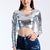 Metallic Color Holographic T Shirts Women Long Sleeve Criss Cross Wet Look Crop Top 2019 Autumn Fashion Streetwear Sexy tshirt