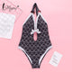 Miyouj One Piece Swimsuit Stripe Sexy Deep V-neck Hollow out Swimwear Women Backless Bandage Print Bathing Suit 2018 Monokini