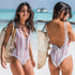 Miyouj One Piece Swimsuit Stripe Sexy Deep V-neck Hollow out Swimwear Women Backless Bandage Print Bathing Suit 2018 Monokini