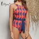 Miyouj Sexy Bandage One Piece Swimsuit High Neck Hollow Out Print Swimwear Stripe Backless Bathing Suit Women Biquini Mujer XL