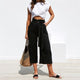 Nadafair Casual High Waist Straight Pant Women Belted Wide Leg Capris Trouser Spring Summer Ankle-length Pants Female