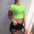 Neon Green See Through T Shirts Women Short Sleeve Hollow Breathable Crop Top 2019 Summer Top Fashion Ruffles tshirt Streetwear