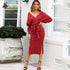 New Sexy Autumn V Neck With Cross Belt Sweater Knitted Women Dress Split Slim 2019 Winter Long Sleeve Solid Color Elegant Ladies