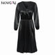 Novgirl Elegant Fit And Flare Pleated Satin Dress Women 2019 Summer Autumn Off Shoulder Long Sleeve Ladies Casual Green Vestidos