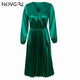 Novgirl Elegant Fit And Flare Pleated Satin Dress Women 2019 Summer Autumn Off Shoulder Long Sleeve Ladies Casual Green Vestidos