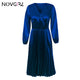 Novgirl Elegant Fit And Flare Pleated Satin Dress Women 2019 Summer Autumn Off Shoulder Long Sleeve Ladies Casual Green Vestidos