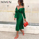 Novgirl Elegant Fit And Flare Pleated Satin Dress Women 2019 Summer Autumn Off Shoulder Long Sleeve Ladies Casual Green Vestidos