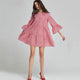 O-neck Flare Sleeve Pleated Plaid Loose Mini Dress Casual 3/4 Sleeves Sweet Dresses Ladies Fashion A-line Dress Plus Size Spring
