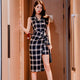 Plaid Sleeveless Lacing Irregular Bodycon Dress Women Vintage Fashion V-neck Slim Dresses Office Lady Elegant Dress High Quality