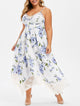 Plus Size Floral Print Lace Insert Handkerchief Dress Asymmetrical Spaghetti Strap High Waist Women V-Neck Sexy Dress