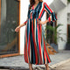 Rainbow Striped Bow Long Dress Women Fashion Split Hem Slim A-line Dresses Spring Autumn Ladies Elegant Party Dress High Quality