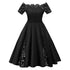 Lace Panel Off The Shoulder Plus Size Dress Women Vintage Lace Party Dress Female Solid Slash Neck Short Sleeve Dresses