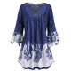Notched Printed Flare Sleeve Plus Size Top Sexy V-Neck Floral Women Blouses Three Quarter Sleeve Long Shirts Fall 2019