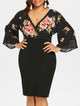 Rosegal Plus Size Bell Sleeve Low Cut Floral Bodycon Dress Women Plunging Neck 3/4 Sleeve Summer Dresses Party OL Dress Vestidos